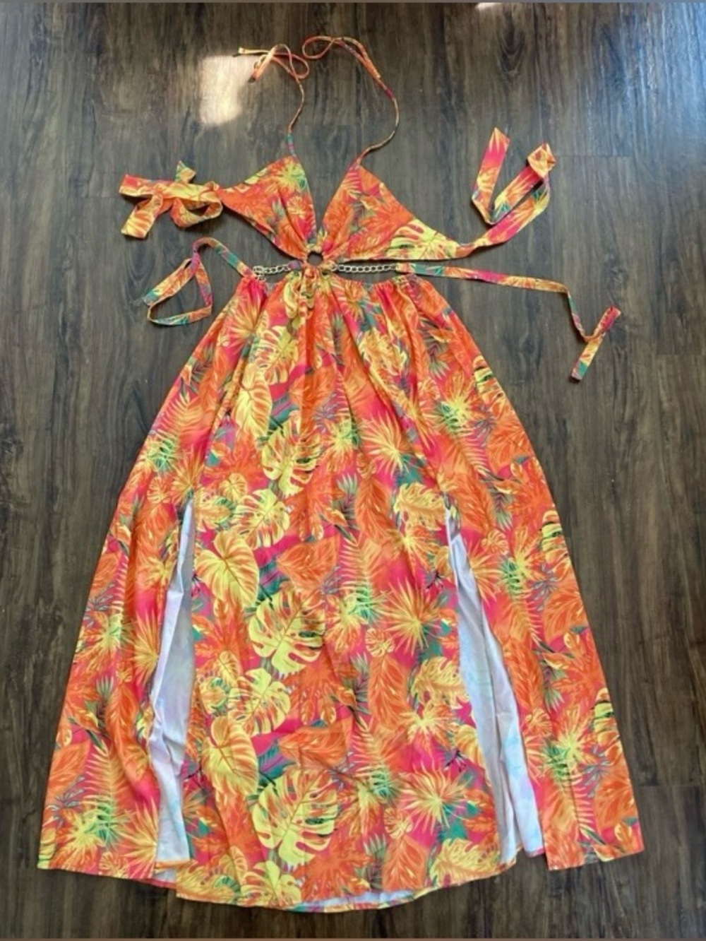 Tropical Orange Maxi Dress with Leaf Print and Gold Accents